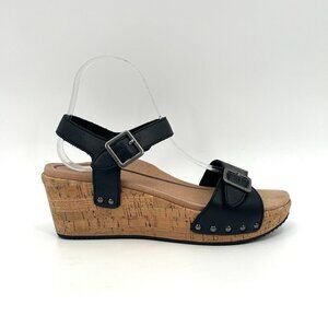 AETREX Black Cork Platform Wedge Strappy Leather Sandals Size 9 - 9.5